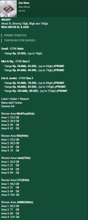 WBxZee's tweet photo. Update Stok~
Akrab XL Sharing 10gb Habis✨
Akrab XL Sharing 80gb Sisa 3✨
Akrab XL Sharing 160gb Sisa 3✨
Kuota untuk XL dan AXIS
Kuota full 24jam
harga mulai:
65K upto 63gb
69K upto 73gb
78K upto 84gb
83K upto 104gb
88K upto 124gb
berminat silahkan mention lalu dm/wa yaa! https://t.co/uFAd09O4K9