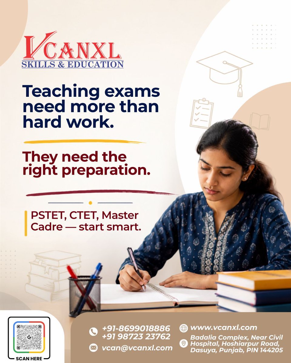 vcanxlskills's tweet photo. Teaching exams don’t reward effort alone—they reward strategy.
Prepare for PSTET, CTET, and Master Cadre with live classes, mock tests, recorded revision, and expert doubt support.
6-month coaching: ₹5,999.-
Enroll now.
📞 +91 8699018886
#VCANXL #CTET #PSTET https://t.co/3cTcsCSA15