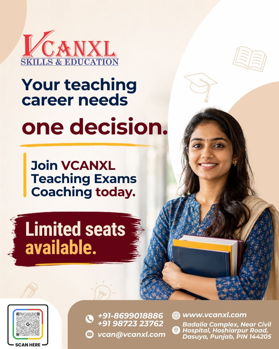 vcanxlskills's tweet photo. Teaching exams don’t reward effort alone—they reward strategy.
Prepare for PSTET, CTET, and Master Cadre with live classes, mock tests, recorded revision, and expert doubt support.
6-month coaching: ₹5,999.-
Enroll now.
📞 +91 8699018886
#VCANXL #CTET #PSTET https://t.co/3cTcsCSA15