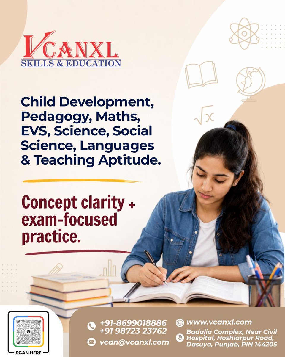 vcanxlskills's tweet photo. Teaching exams don’t reward effort alone—they reward strategy.
Prepare for PSTET, CTET, and Master Cadre with live classes, mock tests, recorded revision, and expert doubt support.
6-month coaching: ₹5,999.-
Enroll now.
📞 +91 8699018886
#VCANXL #CTET #PSTET https://t.co/3cTcsCSA15
