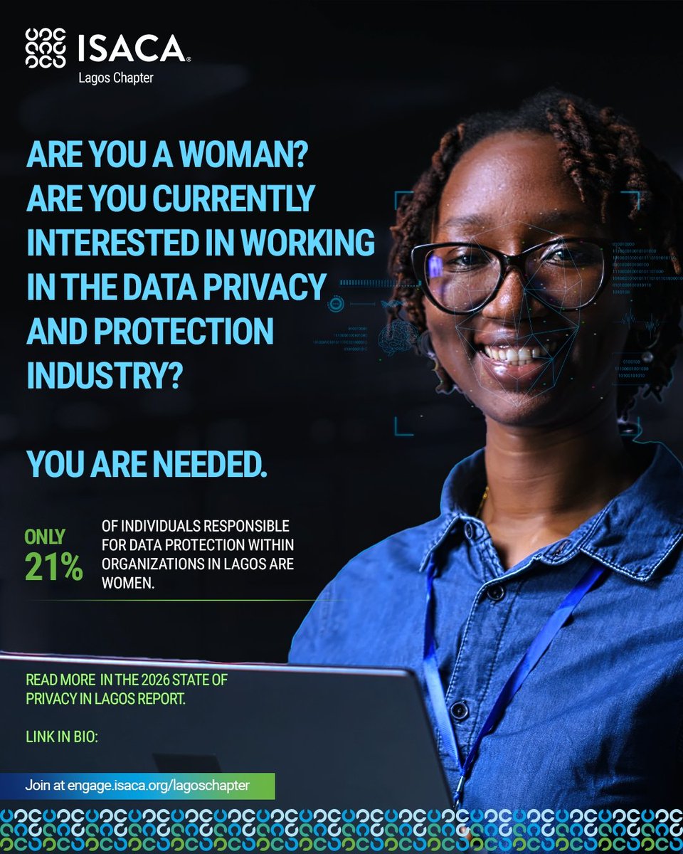 ISACALAGOS149's tweet photo. Women are underrepresented in data privacy but that can change.
Only 21% of data protection professionals in Lagos are women.
The industry needs more women. You are needed.
#WomenInCyber #DataPrivacy #ISACALagos https://t.co/39te0P0yV9