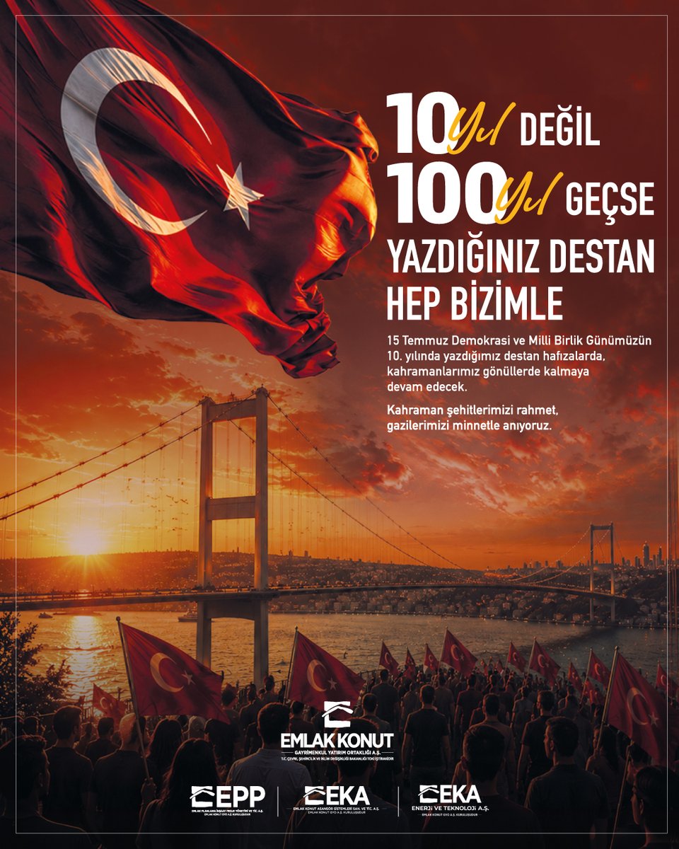 ekgyoas's tweet photo. 10 yıl değil, 100 yıl geçse de; milletimizin yazdığı destan hafızalarımızda yaşamaya devam edecek.

Bu destan; aziz milletimizin vatanına, istiklaline ve millî iradesine sahip çıkma kararlılığının, birlik ve beraberlik ruhunun ve fedakârlığının unutulmaz bir nişanesidir.

15 Temmuz Demokrasi ve Millî Birlik Günü vesilesiyle; tüm aziz şehitlerimizi rahmetle yâd ediyor, kahraman gazilerimizi saygı ve minnetle anıyoruz.