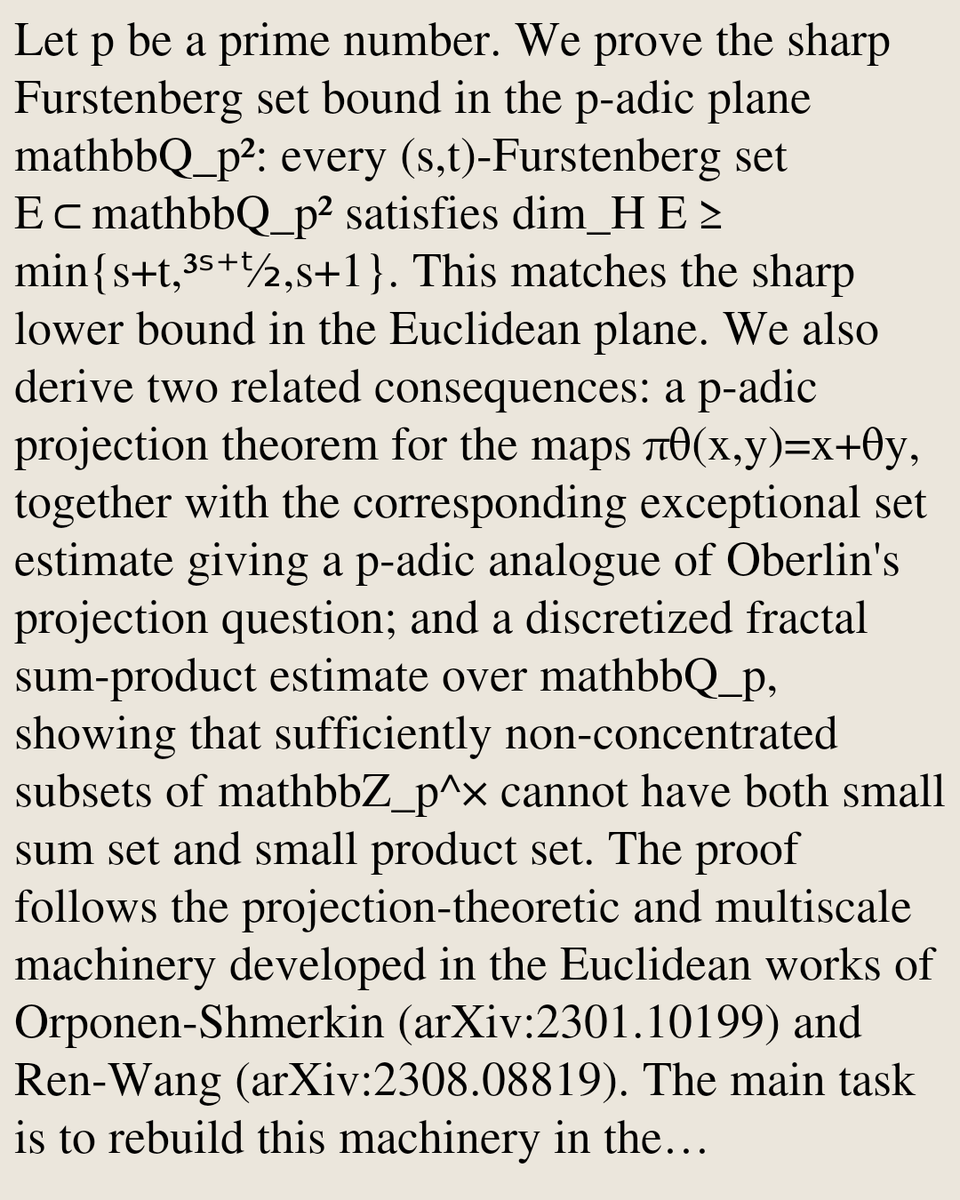 MetricGeometry's tweet photo. p-adic Sum-Product, Projections, and Furstenberg Sets

Jiahe Shen
https://t.co/QYOkEFxDiK [𝚖𝚊𝚝𝚑.𝙼𝙶 𝚖𝚊𝚝𝚑.𝙲𝙾 𝚖𝚊𝚝𝚑.𝙽𝚃] https://t.co/vWm92lViBt