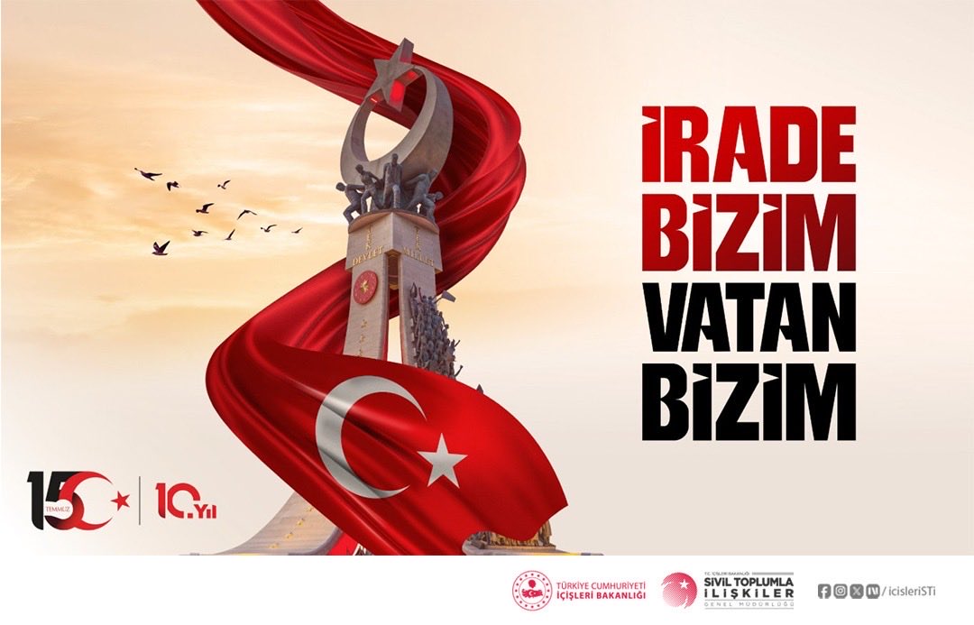 icisleriSTi's tweet photo. 15 Temmuz Demokrasi ve Millî Birlik Günü vesilesiyle; demokrasimiz, millî irademiz ve vatanımız uğruna canlarını feda eden aziz şehitlerimizi rahmet, minnet ve saygıyla anıyor; kahraman gazilerimize şükranlarımızı sunuyoruz.

Milletimizin birlik, beraberlik ve kardeşlik ruhu daim olsun.

“İrade Bizim, Zafer Bizim.”

#İradeBizim
#ZaferBizim
#15Temmuz
#DemokrasiVeMilliBirlikGünü🇹🇷