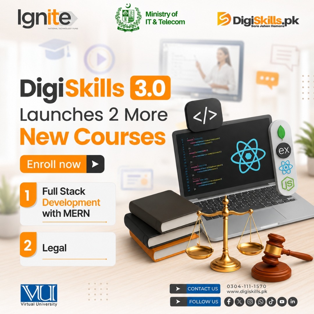 digiskillspak's tweet photo. https://t.co/z5oxSwVmWh 3.0 Launches Two New In-Demand Courses!
1. Full Stack Development with MERN
2. Legal
Limited Seats are left
Enroll Now: https://t.co/5N8QB7zOc8
#SaraJahanHamara #DigiSkillsPk #MOITT #Ignite #VirtualUniversity #TechDestinationPakistan #Learn2Earn https://t.co/ZkmvGBHaD5