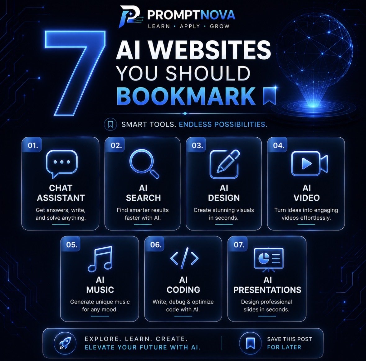 SocialSparrow18's tweet photo. 🔖 Bookmark these 7 AI websites.

Work smarter. Create faster. 🚀

💬 Which one is your favorite?

#AI #AITools #ChatGPT #Productivity #LearnAI #Tech #ArtificialIntelligence #Automation https://t.co/YSr6903aUC