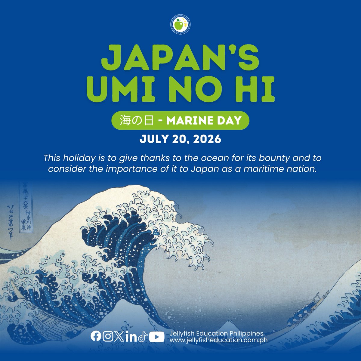 JellyfishPhils's tweet photo. 🌊 Happy Marine Day (Umi no Hi)!⚓️
Today, Japan pauses to give thanks to the ocean for its incredible bounty and to reflect on its deep importance to the history, culture, and life of a maritime nation.
#UmiNoHi #MarineDay #jellyfishph #jellyfisheducation #studynihongo https://t.co/jEdM60VYMO