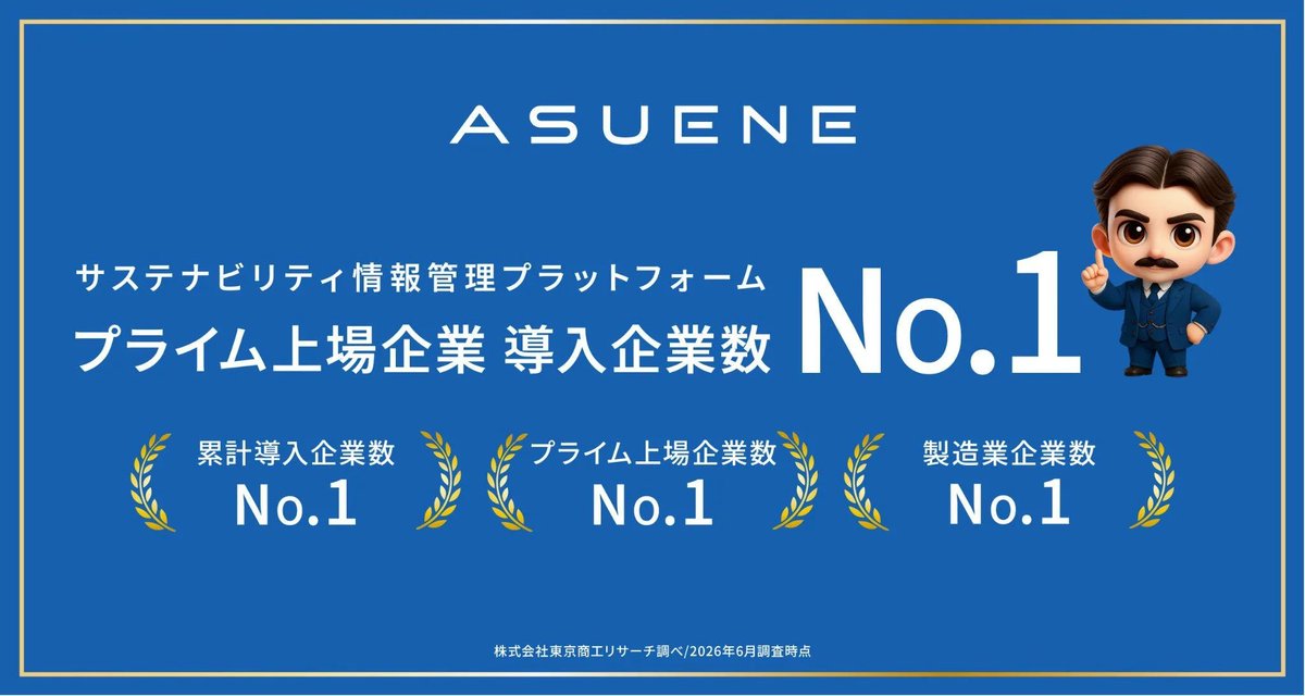 wataset's tweet photo. ASUENE、サステナビリティAIプラットフォームとして、拡大しています😄
今回も、第三者調査でNo.1☝️プライム上場企業・製造業企業でもNo.1です！
https://t.co/8Re61yaoXo https://t.co/cmYywiX6jW