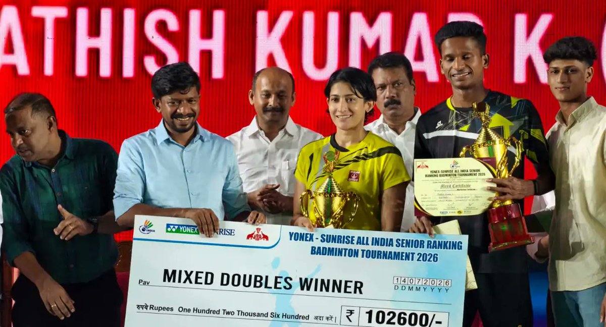 ONGC_'s tweet photo. 🏸
A title-winning triumph in Kochi!
#PrideOfONGC @P9Ashwini and Sathish Kumar Karunakaran powered their way to the Mixed Doubles crown at the YONEX-SUNRISE All India Senior Ranking Badminton Tournament 2026, held in Kochi, Kerala, from 7 to 14 July 2026.
With skill, synergy and an unyielding competitive spirit, the duo delivered a championship-winning performance. Congratulations on this outstanding victory!
#ONGC #EnergyNowAndNext #YouAreEnergy