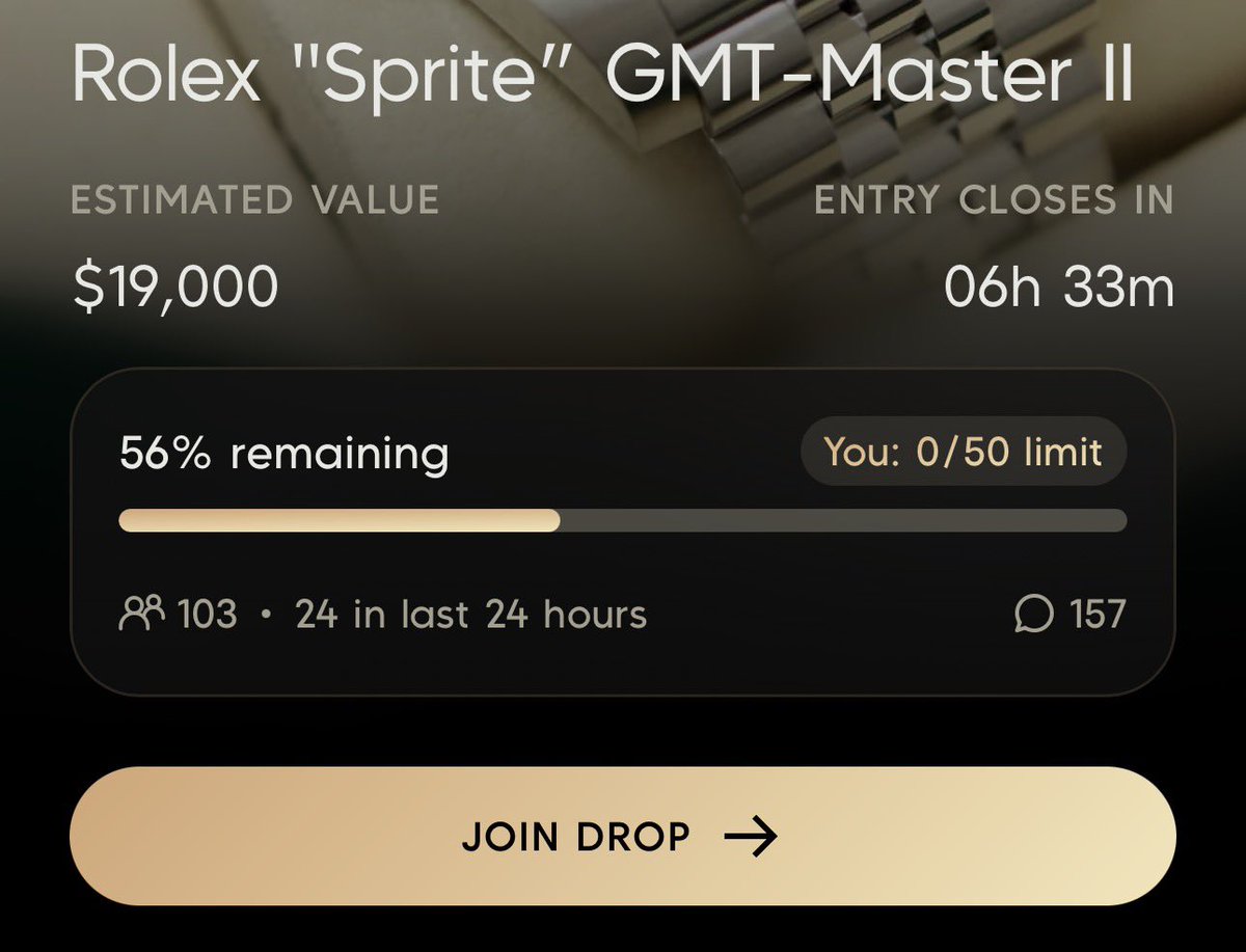 watchdotfun's tweet photo. 103 unique collectors in the running to win the Rolex “Sprite” GMT-Master II valued at $19,000.

Are you one of them?

If you’re not in, you’ll never win. 

Grab some tickets and get involved before it’s all over👇🏼 https://t.co/OzepPaf4GZ
