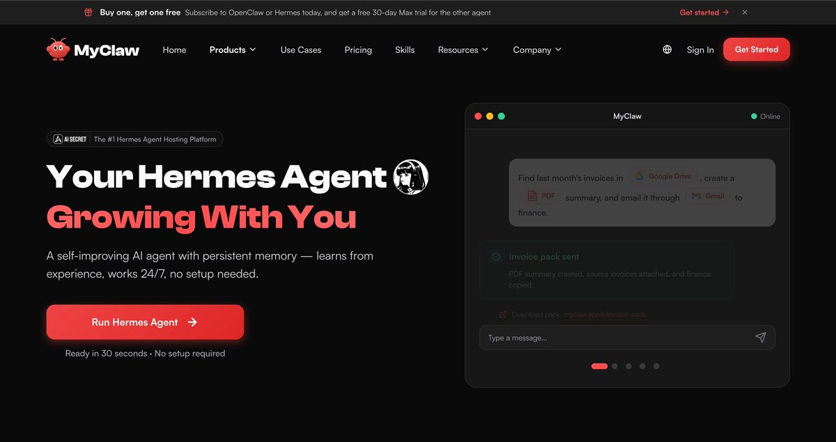 madzadev's tweet photo. MyClaw just added a second agent runtime and it changes what you can build with it!

Hermes is now live. Set a goal, pick your agent, walk away.

The finished work lands in your inbox, your WhatsApp, your Telegram. Done, not drafted.

Try it out yourself: https://t.co/gLzWqIneqA

See the full thread and breakdown ↓
#sponsored #ad