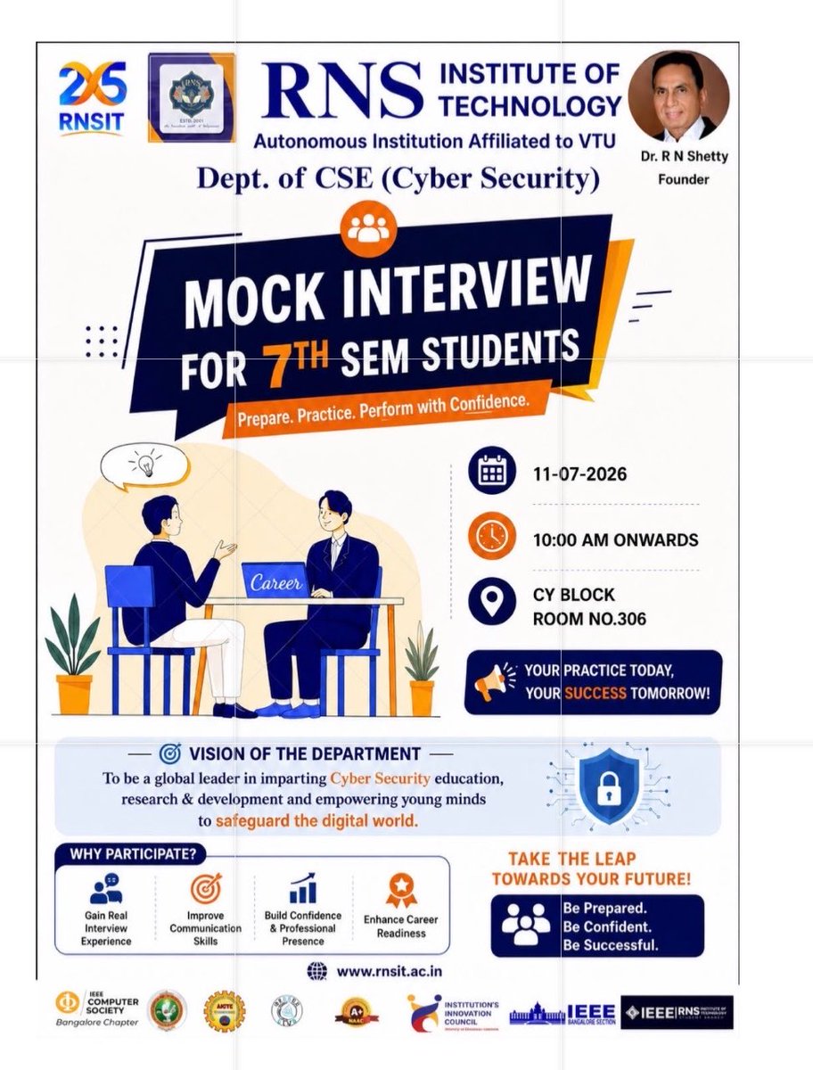 rnsitcsecy's tweet photo. Confidence begins with preparation. 💼✨
Our Mock Interview for 7th Semester CSE (Cyber Security) students provided valuable industry-style interview experience, helping students enhance their communication, technical knowledge, and confidence for future placements. https://t.co/uxKe2DXDXp