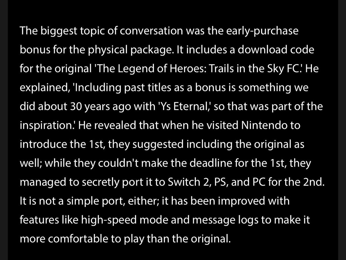 Hansuke21's tweet photo. Trails in the Sky 2nd Chapter Full Opening with theme song fully unveiled at the CLE media event for the first time.
Others: Nintendo suggested they included original Trails in the Sky FC (Early-Purchase Bonus for Trails in the Sky 2nd Chapter) as well.
https://t.co/dzfCfm3tE5 https://t.co/u3YZwJ1Bxh