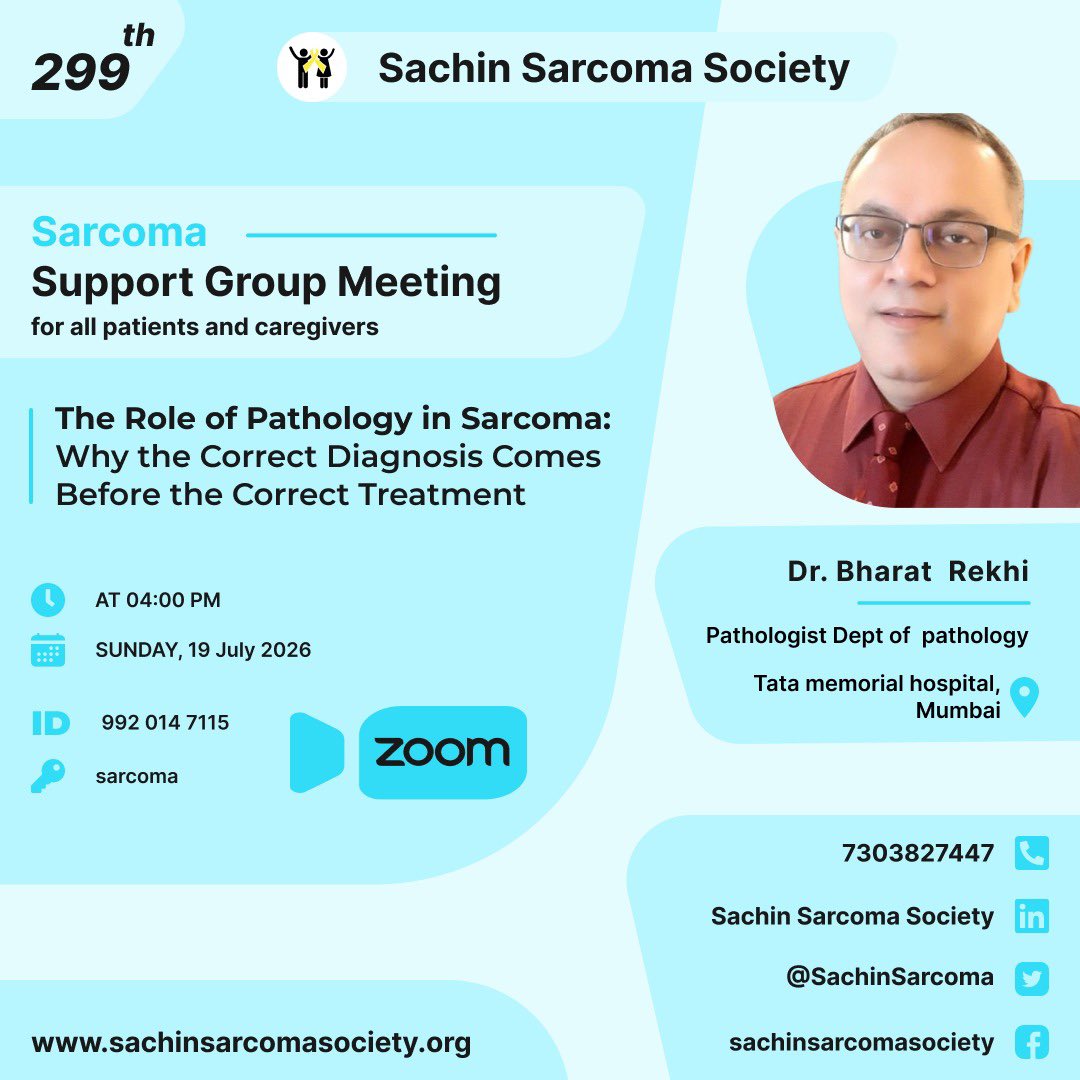 SachinSarcoma's tweet photo. Organising 299 th #sarcoma #supportgroup meeting where Dr Bharat Rekhi, Pathologist from Tata memorial mumbai would give educational talk on 
The role of pathology in sarcoma. 
This session will empower patients to know about why correct diagnosis matters 
#sarcomaawarenessmonth https://t.co/h8v70pS0Ck