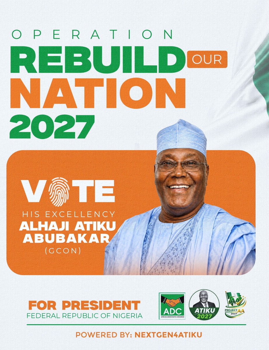 hajaramusa17's tweet photo. This is more than a candidacy it's a renewed commitment to rebuilding Nigeria. From job creation to stable electricity, quality education, and a stronger economy, Atiku Abubakar is presenting a vision for a better future.

Let's move Nigeria forward, together.

#Atiku2027 #RecoverNigeria #ForwardTogether
