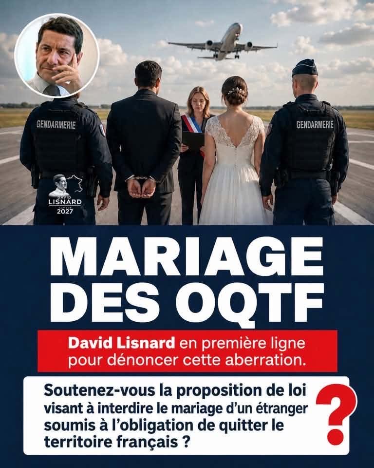 LisnardCap2027's tweet photo. Mariage des OQTF

Un État ne peut pas ordonner à une personne de quitter le territoire français et, dans le même temps, contraindre un maire à célébrer son mariage !

David Lisnard dénonce depuis plusieurs années cette contradiction juridique et politique. Sa position est claire : lorsqu’un étranger est soumis à une obligation de quitter le territoire français, cette décision doit être exécutée. Il demande donc une modification de la loi afin de mettre fin à ces situations absurdes et de ne plus laisser les maires seuls face aux incohérences de l’État.

Cette position s’est traduite par une proposition concrète.

Alexandra Martin, députée des Alpes-Maritimes et secrétaire générale de Nouvelle Énergie, le parti présidé par David Lisnard, a déposé à l’Assemblée nationale la proposition de loi n° 977, « visant à ne pas autoriser le mariage d’un étranger soumis à l’obligation de quitter le territoire français ».

Son article unique prévoit d’inscrire dans le Code civil :

« Le mariage ne peut être célébré si l’une des deux personnes est soumise à une obligation de quitter le territoire français. »

En février 2026, David Lisnard a de nouveau demandé au gouvernement une modification législative claire, afin de protéger les maires et de restaurer la cohérence de l’action publique.

Une OQTF ne doit pas être une simple feuille de papier. L’État doit faire respecter ses propres décisions et retrouver l’autorité nécessaire à l’application de la loi.

Soutenez-vous la proposition portée par Alexandra Martin et défendue par David Lisnard ?

#NouvelleEnergie #DavidLisnard #Presidentielle2027 #OnLeFera