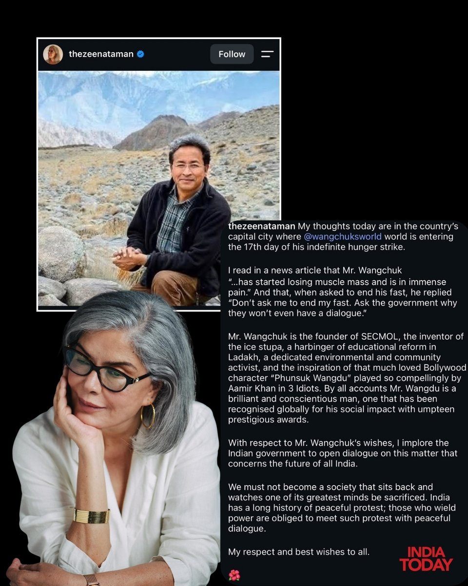IndiaToday's tweet photo. Sonam Wangchuk's indefinite hunger strike entered its 18th day, with Zeenat Aman, Abhay Deol, Shabana Azmi, Soni Razdan and Chinmayi Sripada extending their support to the activist. The celebrities urged the Centre to engage with Wangchuk's demands as his campaign for the protection of Ladakh's environment and constitutional safeguards continues.

#SonamWangchuk #Ladakh #HungerStrike #CelebritiesSupport #IndiaTodaySocial
