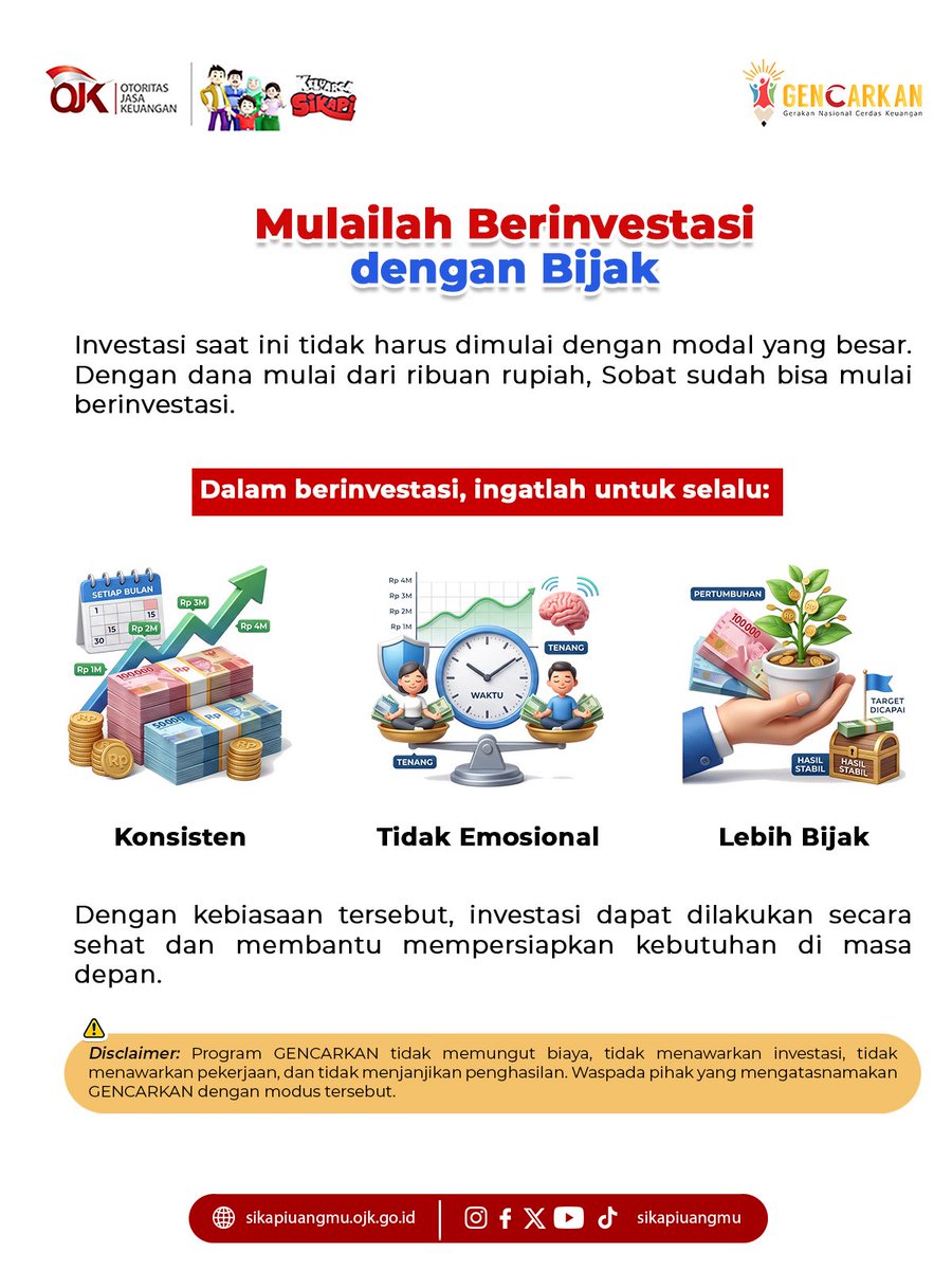 sikapiuangmu's tweet photo. Sebelum mulai berinvestasi, kenali dulu profil risiko dan pilih produk yang sesuai dengan tujuan keuangan Sobat.
Yuk, mulai investasi dengan lebih bijak!
#SikapiUangmu #OJK #BulanLiterasiKeuangan2026 #GENCARKAN #Investasi https://t.co/yVFXiyrodm
