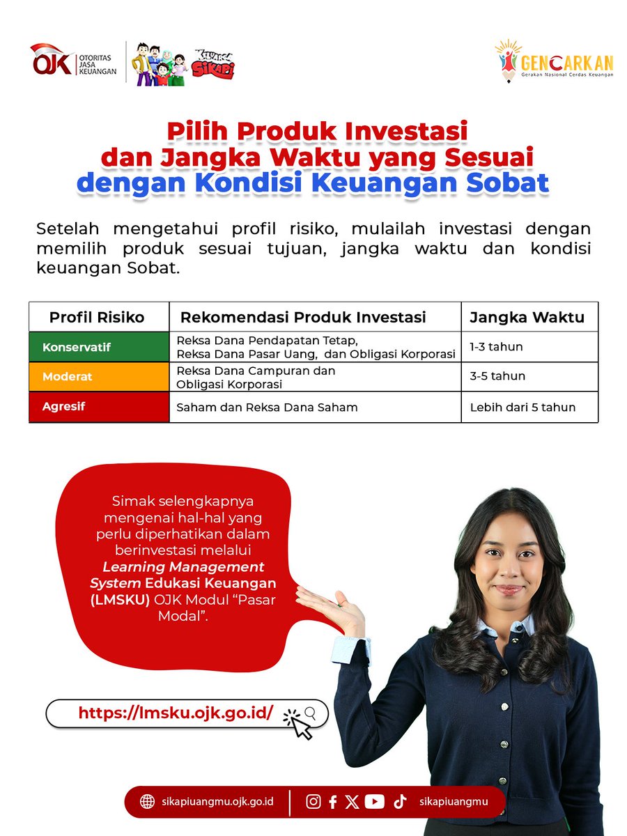 sikapiuangmu's tweet photo. Sebelum mulai berinvestasi, kenali dulu profil risiko dan pilih produk yang sesuai dengan tujuan keuangan Sobat.
Yuk, mulai investasi dengan lebih bijak!
#SikapiUangmu #OJK #BulanLiterasiKeuangan2026 #GENCARKAN #Investasi https://t.co/yVFXiyrodm