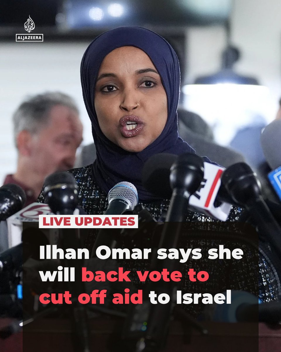 AJEnglish's tweet photo. US Congresswoman Ilhan Omar says that she will vote yes in support of an amendment to block some $3.3bn in military aid to Israel, saying "It is unconscionable we continue to fund this genocidal apartheid regime."

🔴 LIVE updates: https://t.co/csoGWeiCqm https://t.co/g8CzpcfCgK