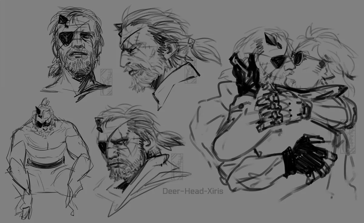 Deer_Head_Xiris's tweet photo. some rough sketches from a couple months ago, I was feeling out how I wanted to draw V (ft some VKaz 💕) #mgs #mgsv https://t.co/mC7KDLLbLE