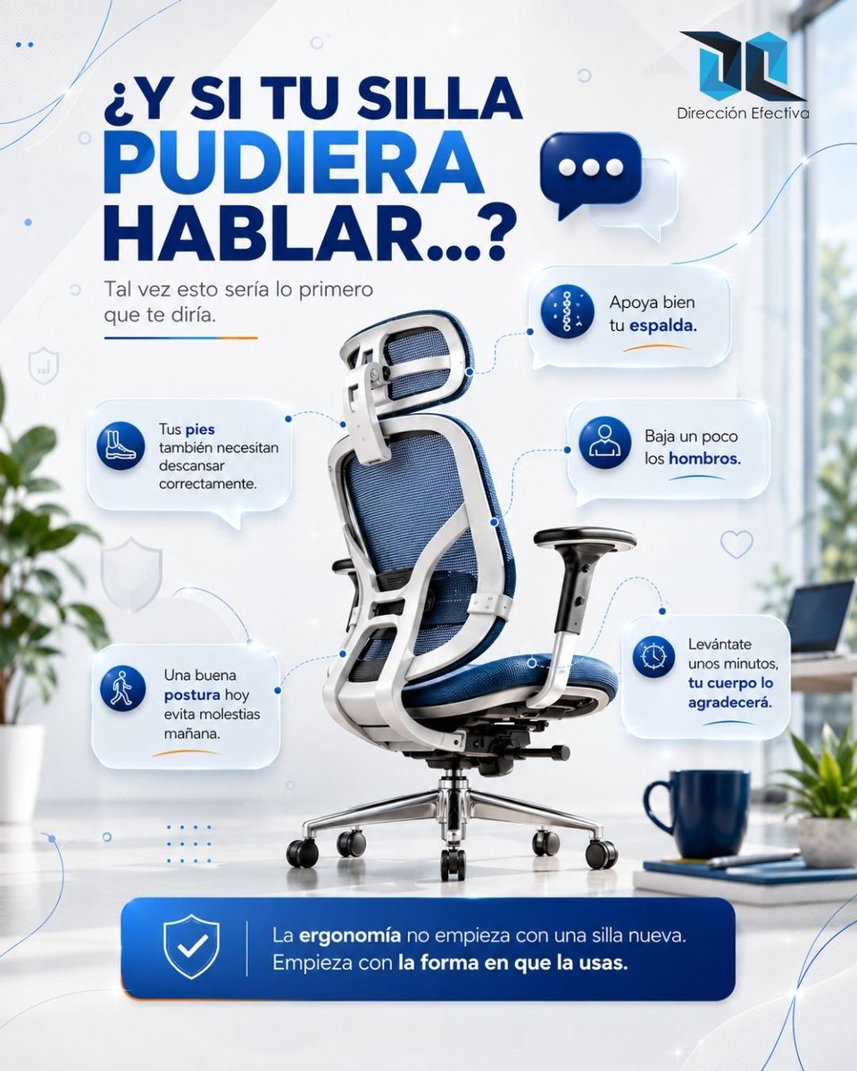 direfectiva's tweet photo. ¿Y si tu silla pudiera hablar...? 🗣️✨
🚶‍♂️🛡️Una buena postura hoy es la clave para evitar molestias mañana. ¡Cuida tu bienestar en cada jornada laboral!

#DirecciónEfectiva #SSTColombia #Ergonomía #SaludOcupacional #Autocuidado https://t.co/y0gztEpYtc