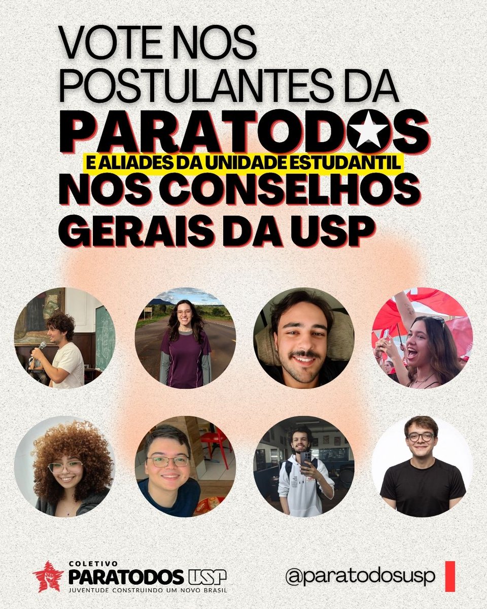 paratodosusp's tweet photo. VEM COM A PARATODOS E A UNIDADE ESTUDANTIL RUMO AO CONSELHOS CENTRAIS DA USP!

Conheça es postulantes que compõem a Unidade representando o time de Lula e Haddad por uma RD popular, que dialogue com a base estudantil e que vai potencializar o trabalho que já é feito nas unidades! https://t.co/k2NRIK8jkY