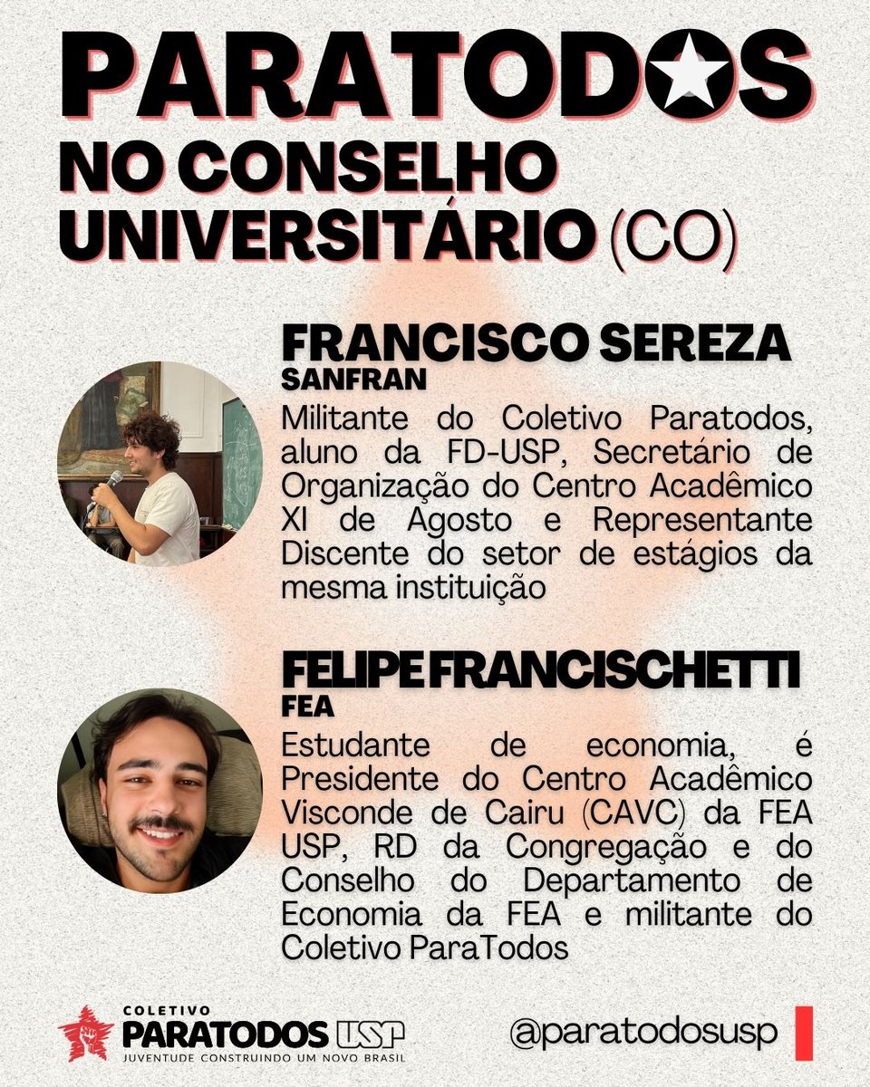 paratodosusp's tweet photo. Esse é o time que vai buscar melhoras na mobilidade dos campi, lutar por um PAPFE decente, combater a precarização do trabalho e da infraestrutura da USP, lutar por uma representação de fato democrática nas instâncias de poder da USP com Diretas Já para a Reitoria e muito mais! https://t.co/11r2IU41Js