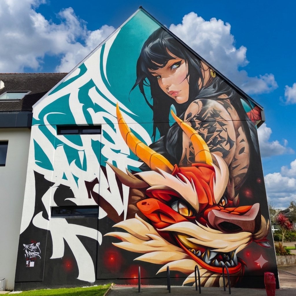 Letempass1's tweet photo. Du lourd à Quéven pour @justdopaint 2024 ! 🐉✨
Une Mulan moderne et son dragon monumental signés par les talentueux Asem Navarro et Mr Manz devant la mairie.
📷 Ma photo du jour !
#StreetArt #Queven https://t.co/Fs9wTBTay1