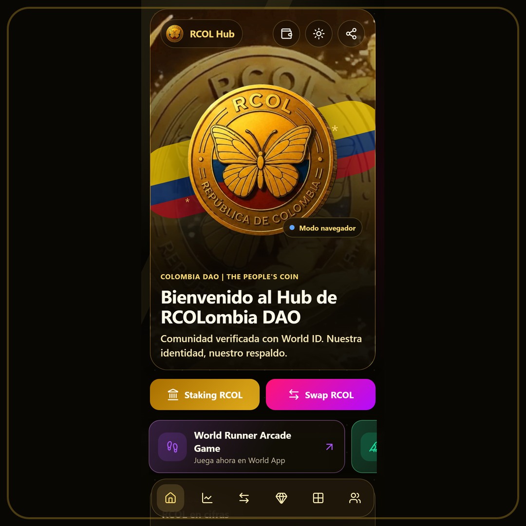 RCol_Oficial's tweet photo. RCOL Hub mini app changelog for verification review - https://t.co/FnlInW1myz 

Hub home
- Official RCOLombia DAO home with RCOL branding
- Light and dark theme toggle
- Share RCOL Hub from the app
- MiniKit status for World App and browser mode
- Spotlight shortcuts to Staking and Swap
- Announcement carousel for RCOL news and games
- Market stats live price 24h change market cap liquidity burn holders
- Price sparkline from GeckoTerminal
- Swap teaser with live rate
- NFT RCOL Genesis preview coming soon
- Quick links website games staking charts community
- Token contract address with copy
- Community links X and Telegram

Wallet and Pay
- Connect World App wallet with portfolio balances
- Quick actions Swap Send Receive Earn
- Native swap RCOL WLD USDC WETH on Worldchain
- Swap uses Permit2 and Universal Router
- Send RCOL to pasted 0x address
- Send to World App contacts when available
- Receive RCOL with local QR optional amount copy and share
- Burn RCOL with history tracking
- Transaction history for swaps sends and burns
- Earn opens the staking ecosystem app

Integrations
- DexScreener and GeckoTerminal chart links
- Mini games Vuela RCOL Flappy Butterfly World Runner
- Official site https://t.co/ZDR0qIYOFg
- Security headers HTTPS CSP HSTS

Production URL https://t.co/4YXXBhD7Px

#WorldChain #Crypto #Memecoin #BuildOnWorld #WorldApp  🦋🛠️📲🪐