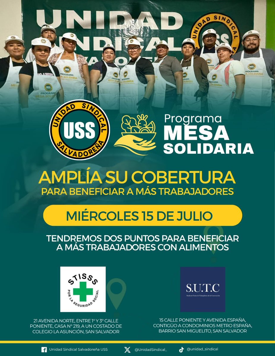 Aj_AdolfoSolis's tweet photo. 💙🥣 Programa Mesa Solidaria | Unidad Sindical Salvadoreña

Este miércoles Mesa Solidaria llegará de manera simultánea a dos sedes sindicales.

📍 Encuéntranos en el STISSS.
📍 También estaremos en el SUTC.

🕦 11:30 a. m.

Acércate y acompáñanos en esta jornada que fortalece la unidad y el compromiso con la población.

¡Te esperamos!