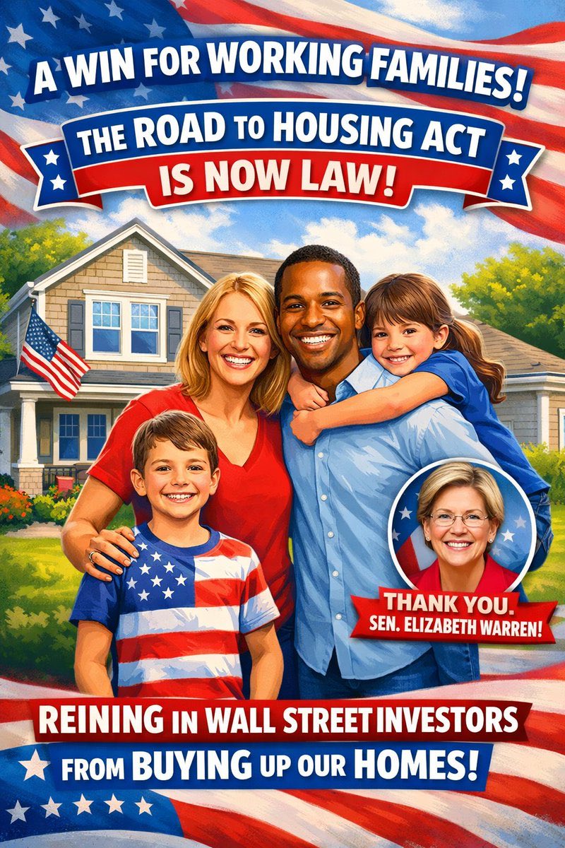 wtpBLUE's tweet photo. #TrumpIsUnfitForOffice    #wtpBLUE    WE THE PEOPLE 
 
Why should Americans care about the Housing Bill that became law over the weekend without the president’s signature?  It passed in the House in a 358-32 vote and the Senate approved the measure 85-5.  This bipartisan bill was veto-proof.  That’s because they wanted to help the people.  Trump refused to sign it because the Senate would not pass the SAVE Act.  So how does it help the people?  It seeks to remove barriers to building homes, lower housing costs, and shift greater control over housing to the local level.  It will also restrict the number of single-family homes large, institutional investors can own and require them to report how many such properties they control.  The law includes a first-of-its-kind limit on these kinds of purchases by prohibiting any investor that owns more than 350 single-family homes from buying any more.  We know that bipartisan legislation is possible and by electing more Democrats, we can make sure more bills get passed to help the people!