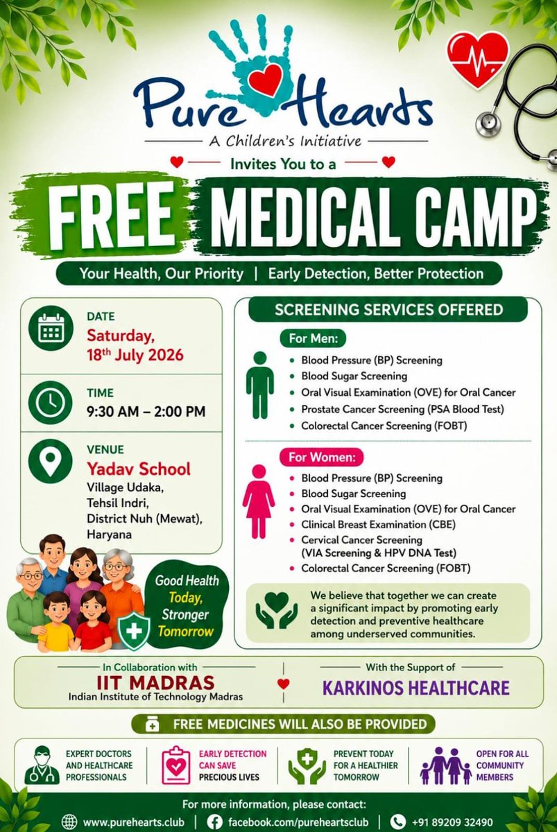 PureHeartsClub's tweet photo. 🩺 FREE MEDICAL CAMP | EARLY DETECTION SAVES LIVES 💚
Pure Hearts – A Children's Initiative warmly invites you and your family to a FREE MEDICAL CAMP in collaboration with IIT Madras and with the support of Karkinos Healthcare.
Take a step towards a healthier future https://t.co/LmWCuLxis2