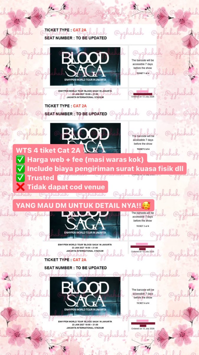 yzhahah's tweet photo. WTS 4 TIX CAT 2A ENHYPEN BLOOD SAGA, NO SCAM!!
#엔하이픈 #ENHYPEN #EN_WORLDTOUR_BLOODSAGA #BLOODSAGA_IN_JAKARTA https://t.co/7B3ev27g8U