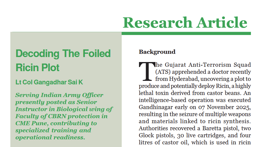 JPZanders's tweet photo. #BiologicalWeapons #Toxin #Ricin #Terrorism #India 
Decoding The Foiled Ricin Plot 
https://t.co/mkU7VMJqJ1

[ #OpenSource - PDF available]

The article provides an in-depth analysis of a hypothetical scenario involving Dr. Ahmed Saiyed, who was arrested on suspicion of terror links. It explores the potential consequences had he successfully evaded law enforcement and executed the envisioned Ricin attack. The discussion comprises a comprehensive overview of Ricin toxin, emphasizing its use as a biological weapon, its physiological effects, and recommended protective measures. Additionally, the article examines the current challenges faced by the system in place while managing such threats and proposes planned improvements to enhance preparedness and response during bioterrorism crises. This analysis underscores the importance of robust detection, rapid response, and multidimensional approach in mitigating the risks associated with biological weapons like Ricin.