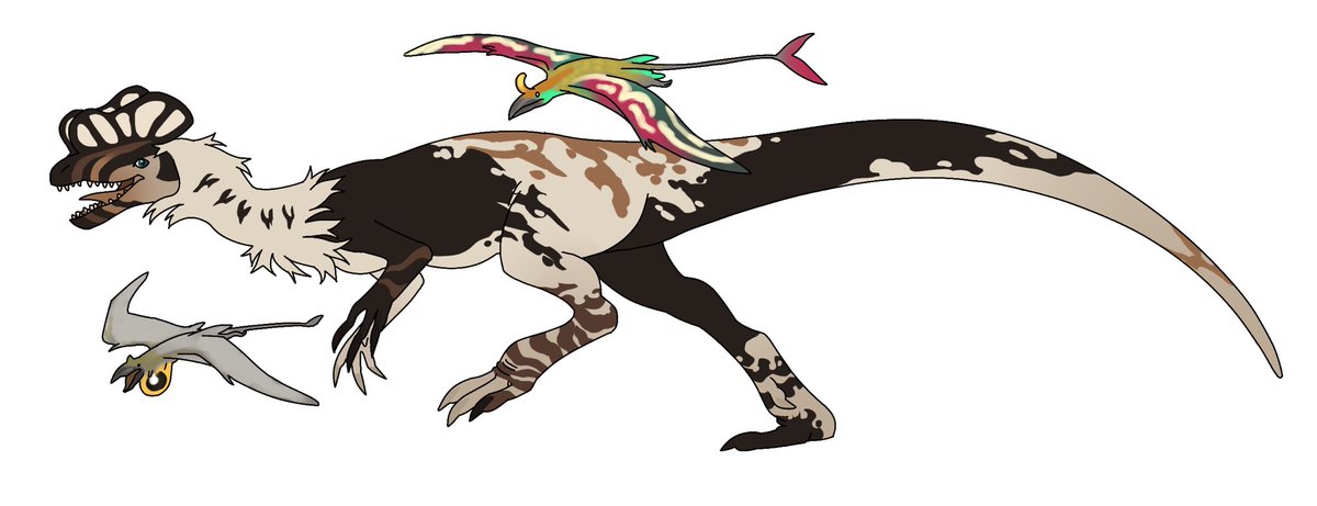 adiposeer's tweet photo. dilophosaurus with male and female rhamphinions https://t.co/Nio787hAAH