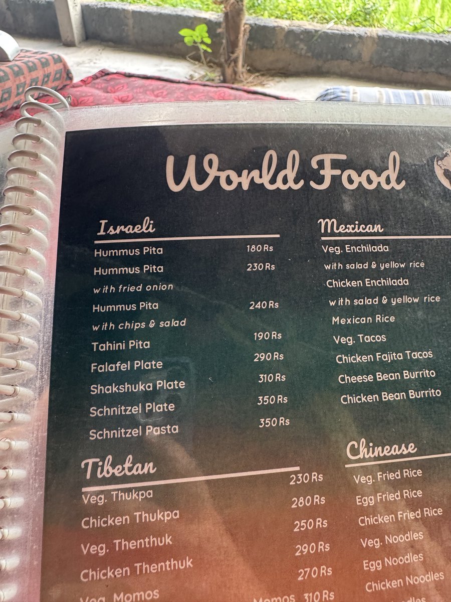 dharshtya's tweet photo. I don’t think there’s going to be a single beautiful place in India that’s not going to be infested with Israelis soon. This was the menu at the place we stayed in Hampi, it was also full of Israeli stickers - even IDF STICKERS https://t.co/Trwtzsh0FI