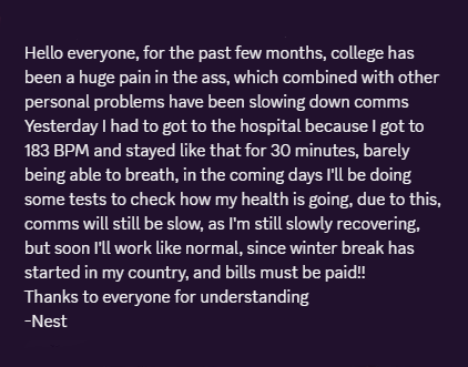 Sleepy_Nest's tweet photo. IMPORTANT

This message is about my current medical situation, and my friends, followers AND SPECIALLY MY CLIENTS should read this.

Thanks for understanding my situation and I apologize for the lack of art and delay on c0mms https://t.co/amTxPmHX6w