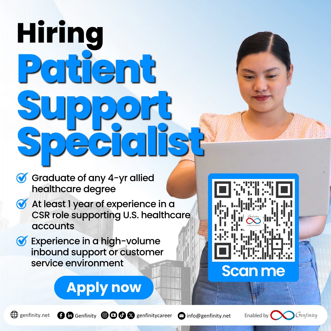 genfinitycareer's tweet photo. 𝗢𝗻𝗲 𝗼𝗳 𝗼𝘂𝗿 𝗖𝗹𝗶𝗲𝗻𝘁𝘀 𝗶𝘀 𝗛𝗶𝗿𝗶𝗻𝗴: 𝗣𝗮𝘁𝗶𝗲𝗻𝘁 𝗦𝘂𝗽𝗽𝗼𝗿𝘁 𝗦𝗽𝗲𝗰𝗶𝗮𝗹𝗶𝘀𝘁

𝗤𝘂𝗮𝗹𝗶𝗳𝗶𝗰𝗮𝘁𝗶𝗼𝗻𝘀:
✅ Graduate of any 4-year allied healthcare degree
✅ At least 1 year of experience in a CSR role supporting U.S. healthcare accounts
✅ Experience in a high-volume inbound support or customer service environment

📲 𝗔𝗽𝗽𝗹𝘆 𝗻𝗼𝘄 𝗯𝘆 𝗰𝗹𝗶𝗰𝗸𝗶𝗻𝗴 𝘁𝗵𝗲 𝗹𝗶𝗻𝗸 𝗯𝗲𝗹𝗼𝘄 𝗼𝗿 𝘀𝗰𝗮𝗻𝗻𝗶𝗻𝗴 𝘁𝗵𝗲 𝗤𝗥 𝗖𝗼𝗱𝗲.

🔗 𝗩𝗶𝗲𝘄 𝗳𝘂𝗹𝗹 𝗷𝗼𝗯 𝗱𝗲𝘁𝗮𝗶𝗹𝘀: https://t.co/CUNihbJNGJ

🔗 𝗘𝘅𝗽𝗹𝗼𝗿𝗲 𝗺𝗼𝗿𝗲 𝗼𝗽𝗽𝗼𝗿𝘁𝘂𝗻𝗶𝘁𝗶𝗲𝘀: https://t.co/Dhi1VB7wdK