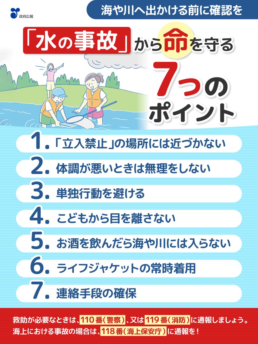 gov_online's tweet photo. 📌海や川へ出かける前に確認を！

例年、夏は海水浴や川遊びなどで、水の事故が発生しています。

水の事故から命を守るポイントを確認してください。

7月25日は「世界溺水防止デー」です。
https://t.co/Fs4QFHR0pi https://t.co/BhN7eHjE5w