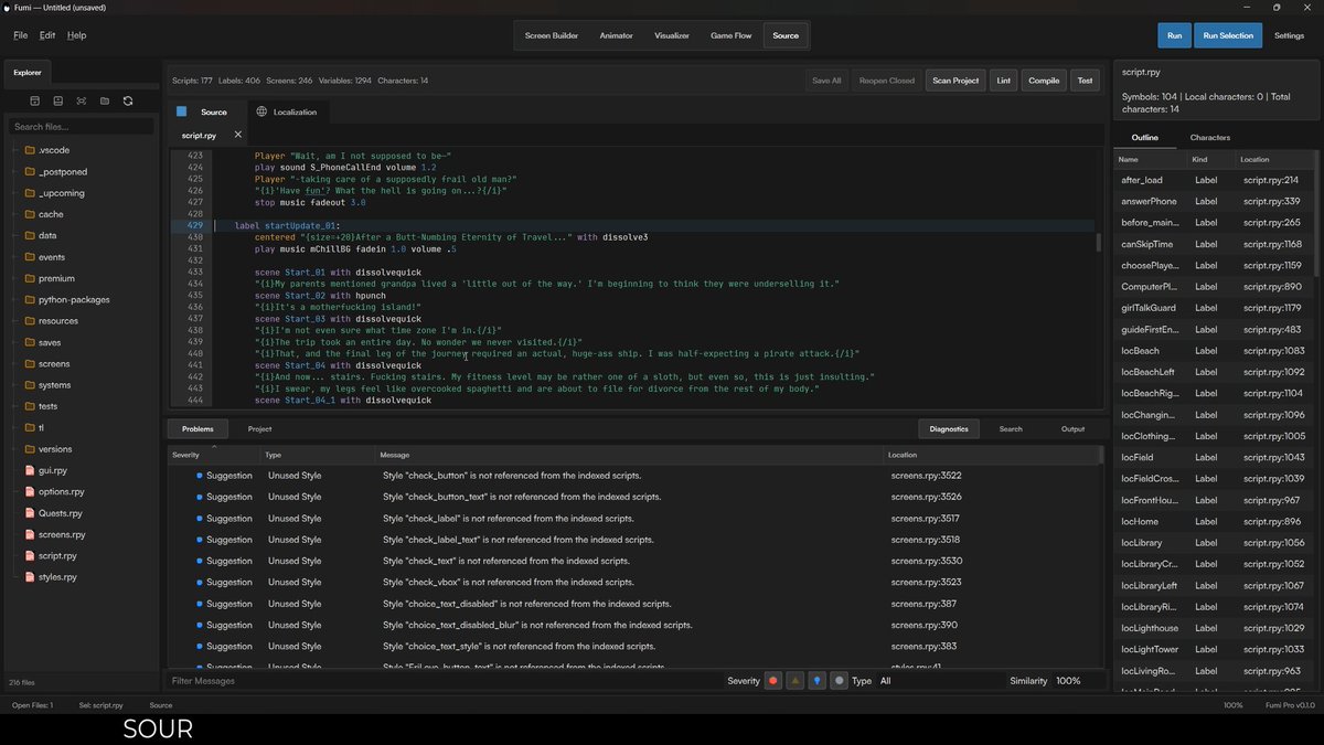 VisqDev's tweet photo. Fumi launches this August.

Screen building, live game preview, code generation, ATL animation, story maps, asset browser, style/transform libraries, diagnostics, and localization.

No accounts. No AI. No subscriptions. Desktop app. Fully offline.

Built in C++ with Qt.
#Renpy https://t.co/ReyYzyZ5bC