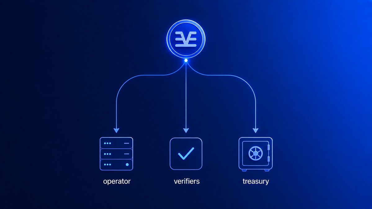 Enclyra_Labs's tweet photo. Fee from your call doesn't disappear into one wallet. It splits between operator who ran the model, verifiers who checked it, and a shared treasury that funds the network itself. https://t.co/8CgCNNvQXo