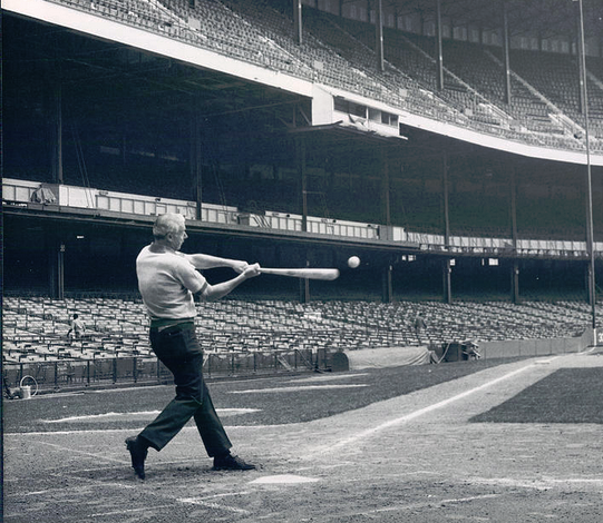 Jimfrombaseball's tweet photo. "I remember Joe DiMaggio's last at-bat in the World Series in 1951;
We knew it was going to be his last at-bat. DiMaggio hit a ball — a double to right-centerfield and pulled up into second base in that elegant way he did.
And, I think there were tears in my eyes. I was there that day and I thought:
"That's the last time I'll see him', but he was complete to the end." Roger Angell. Joe DiMaggio made his much anticipated major league debut, collecting three hits, including a triple, and scoring three runs in the Yankees’ 14-5 win over the Browns in New York. May 3, 1936. "I can remember a reporter asking me for a quote, and I didn't know what a quote was. I thought it was some kind of soft drink." Joe DiMaggio. "There was a majesty in his swing and a self-assured confidence in style and conduct, that was uniquely Joe DiMaggio’s.
In the eye of his public, he was more than a sports hero.
He was among the most cherished icons of popular culture."
Ernest Hemingway.
"There was never a day when I was as good as Joe DiMaggio at his best.
Joe was the best, the very best I ever saw.
Joe DiMaggio was the greatest all-around player I ever saw.
His career can not be summed up in numbers and awards.
It might sound corny, but he had a profound and lasting impact on the country."
Ted Williams.
55 year old Joe DiMaggio.
Yankee Stadium.