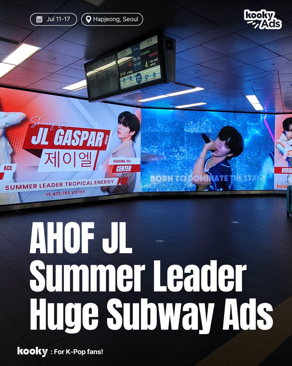 JLGlobalFanbase's tweet photo. 📣 Calling all JL stans in Korea! 🇰🇷❤️

If you're in Seoul this week, don't miss these special Kooky events for JL! Stop by, snap a photo, and show your love for our ace. ❤️‍🔥

🏖️ 2026 Summer Leader Huge Subway Ads 📅 July 11–17 📍 Hongik Univ. Station B1 ✨ Huge LED screen playing 50 times daily from 5:00 AM–1:00 AM
☑️ Don't forget to Check In and claim your 50 Kookys! 🔗 https://t.co/KlRrKYThUR

☕ Kooky Gallery Ads 📅 July 15–21 (Closed on Sunday) 📍 Cafe Guo, Gangnam ⏰ Mon–Fri: 3:00 PM–8:00 PM | Sat: 3:00 PM–6:30 PM

Let's make these support events a success and fill Seoul with love for JL! ✨

#AHOF #아홉
#AHOF_JL #제이엘
@AHOF_official