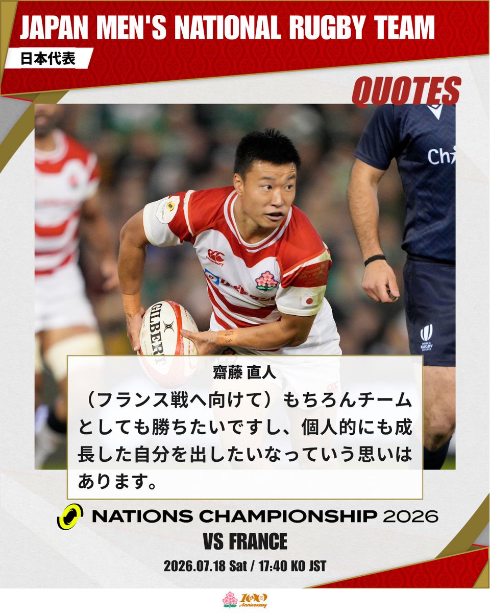 JRFUMedia's tweet photo. フランスで2シーズンプレーした齋藤 直人選手💬

ネーションズチャンピオンシップ2026
日本代表 対 フランス代表
🗓️7月18日（土）17:40キックオフ　
🏟️ 国立競技場（東京）
🎟 チケット販売中
https://t.co/SXjJrqmqoB

#ラグビー日本代表 https://t.co/h26xkTVpEK