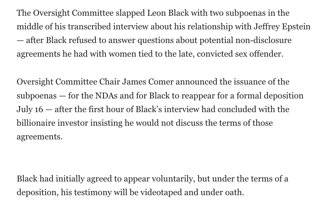 Furbeti's tweet photo. House Oversight's own June 26 release says Leon Black was subpoenaed to appear for a deposition on July 16. Politico now reports, citing the committee's Republican spokesperson, that his lawyers confirmed a September 3 appearance. So why was it pushed back seven weeks? https://t.co/LUAeMmegrD