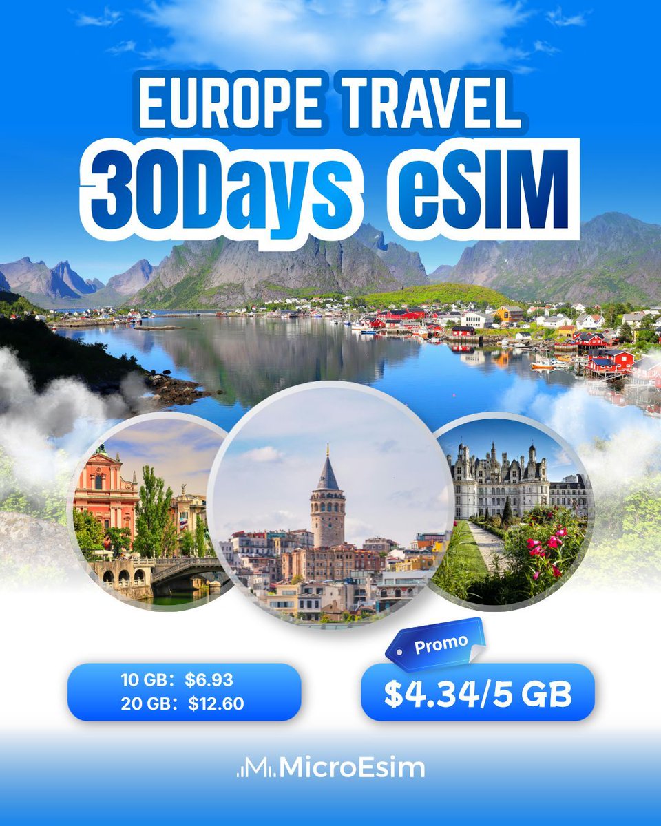 MicroEsim's tweet photo. From a lakeside church to a hilltop castle, one eSIM keeps your Europe trip online for 30 days. 5GB from $4.34, 20GB just $12.60. Set up before you fly. https://t.co/HLWFGxx4Tt
