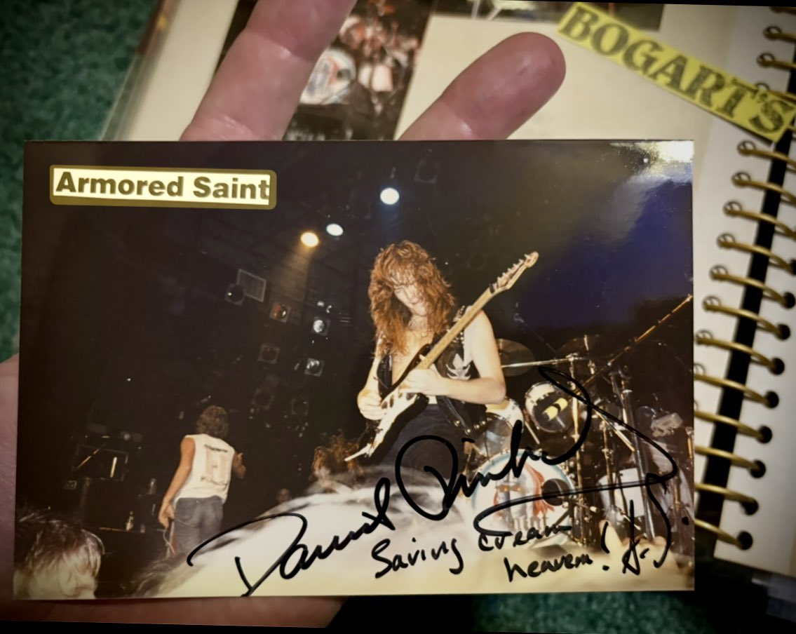 DemolishFanzine's tweet photo. Vault Dig: 🤘🏻

#ArmoredSaint 

This is one for the history books. It was Dave’s [RIP] 🎸birthday and the band had shaving cream onstage and or threw a pie in his face (can’t remember exactly). He was a trooper and kept playing with his entire head and face covered!

Hopefully I can find pics showing that too. What a great show at Bogarts | Cinci I’m so glad to have his autograph on this pic. 👇🏻

Priceless.