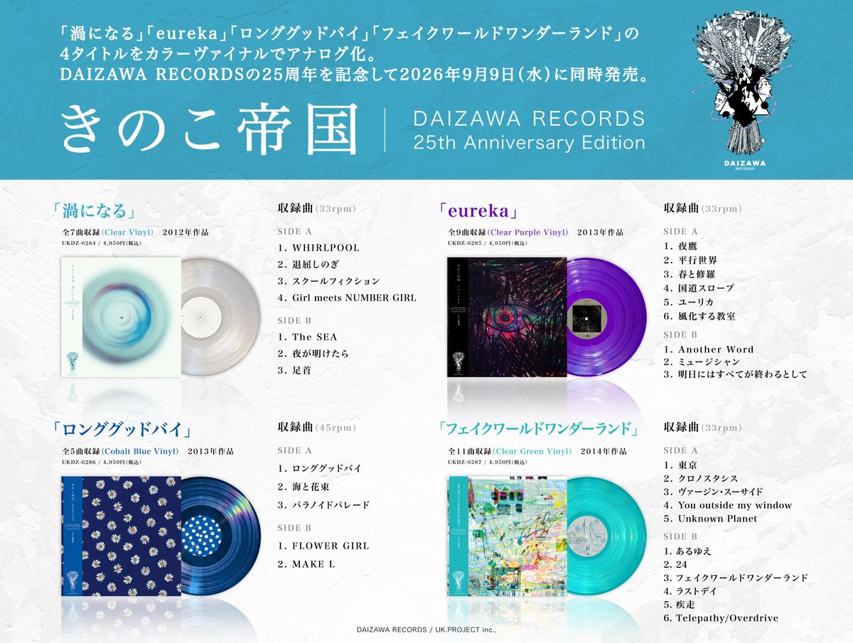 _shoegaze_media's tweet photo. 【News】きのこ帝国がDAIZAWA RECORDS時代の4タイトルをカラー・ヴァイナルでアナログ化

レーベル設立25周年記念。『渦になる』『eureka』『ロンググッドバイ』『フェイクワールドワンダーランド』の4作が9/9リリース。
https://t.co/9Ob7U0abeG https://t.co/0sAYXCb9K0