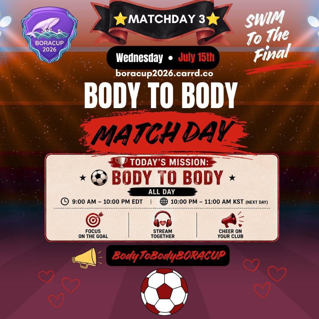 MY_btsarmy's tweet photo. β½Welcome to Day 3: Body to Body Match Day
Share your favorite song from ARIRANG today. Continue to stream and encourage your teammates.
Match Chant: ONE TEAM, ONE GOAL
πhttps://t.co/mE1CPCA3s7
#BORACUP2026
#SWIMToTheFINAL https://t.co/1ibCEXB4tT